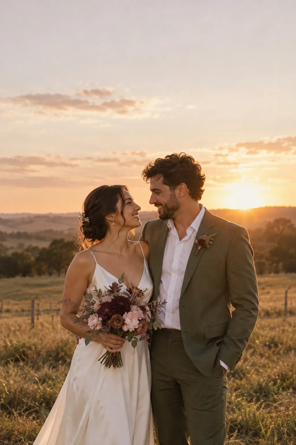 Noivos abraçados num campo ao pôr do sol