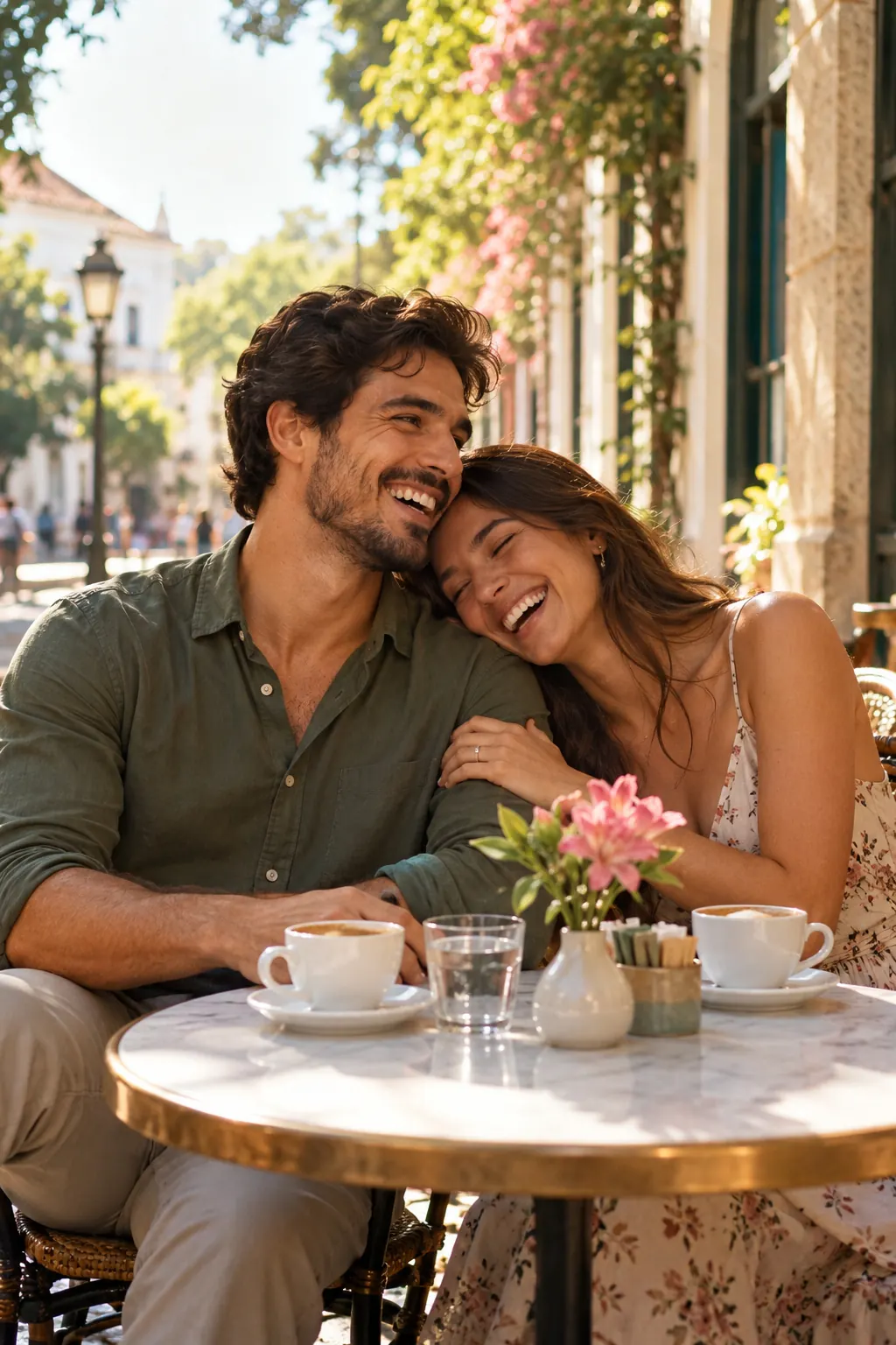 Casal sorrindo à mesa de um café ao ar livre