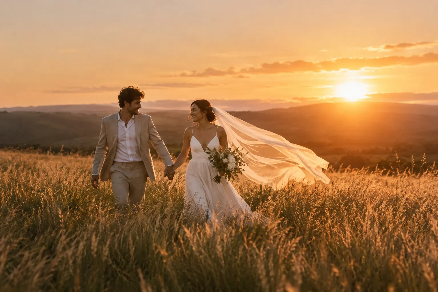 Casal caminhando num campo ao entardecer