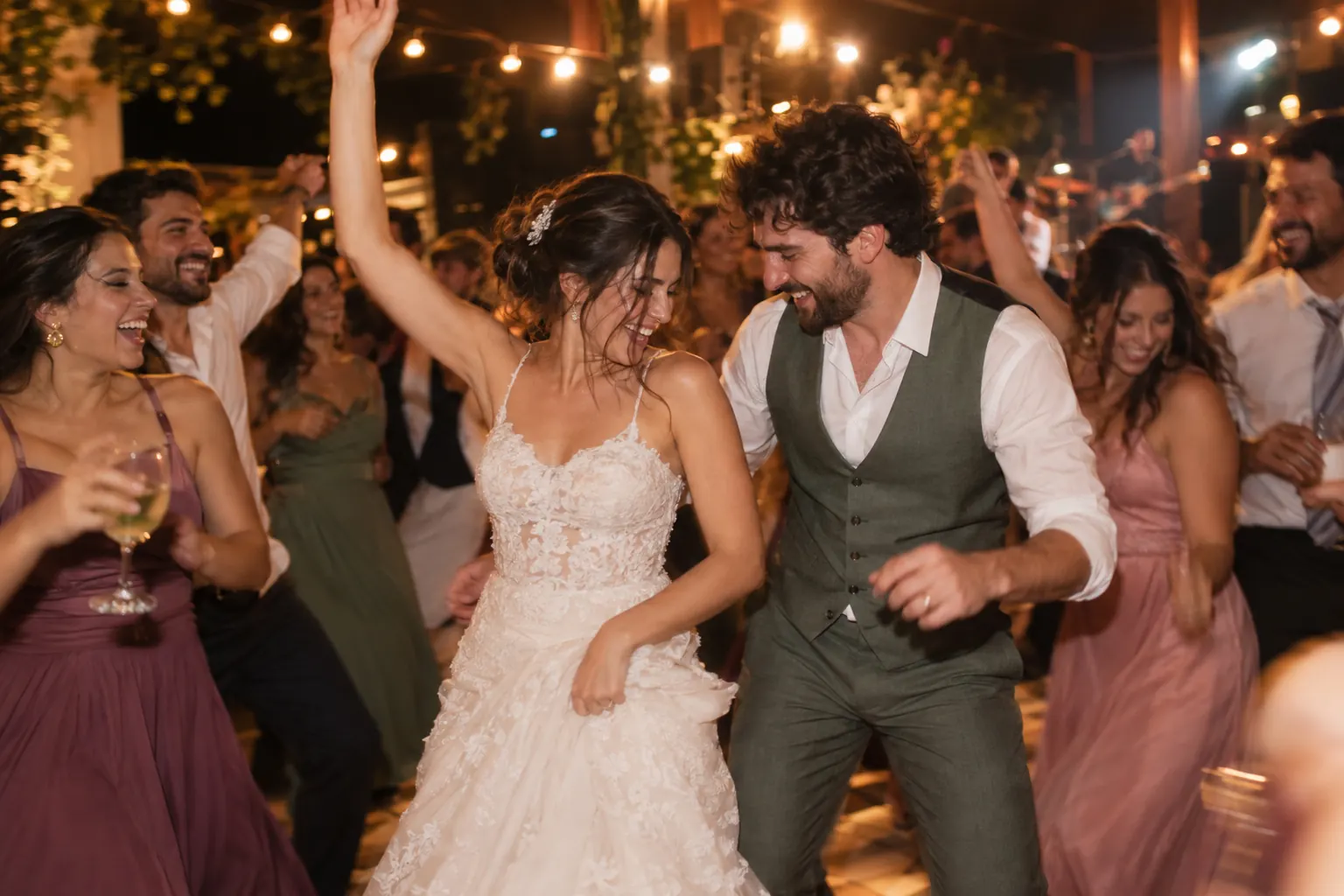 Noivos dançando com os convidados na festa