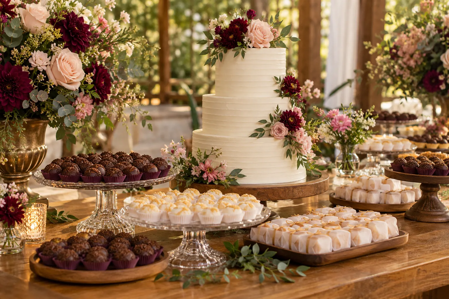 Mesa de doces com bolo branco e flores