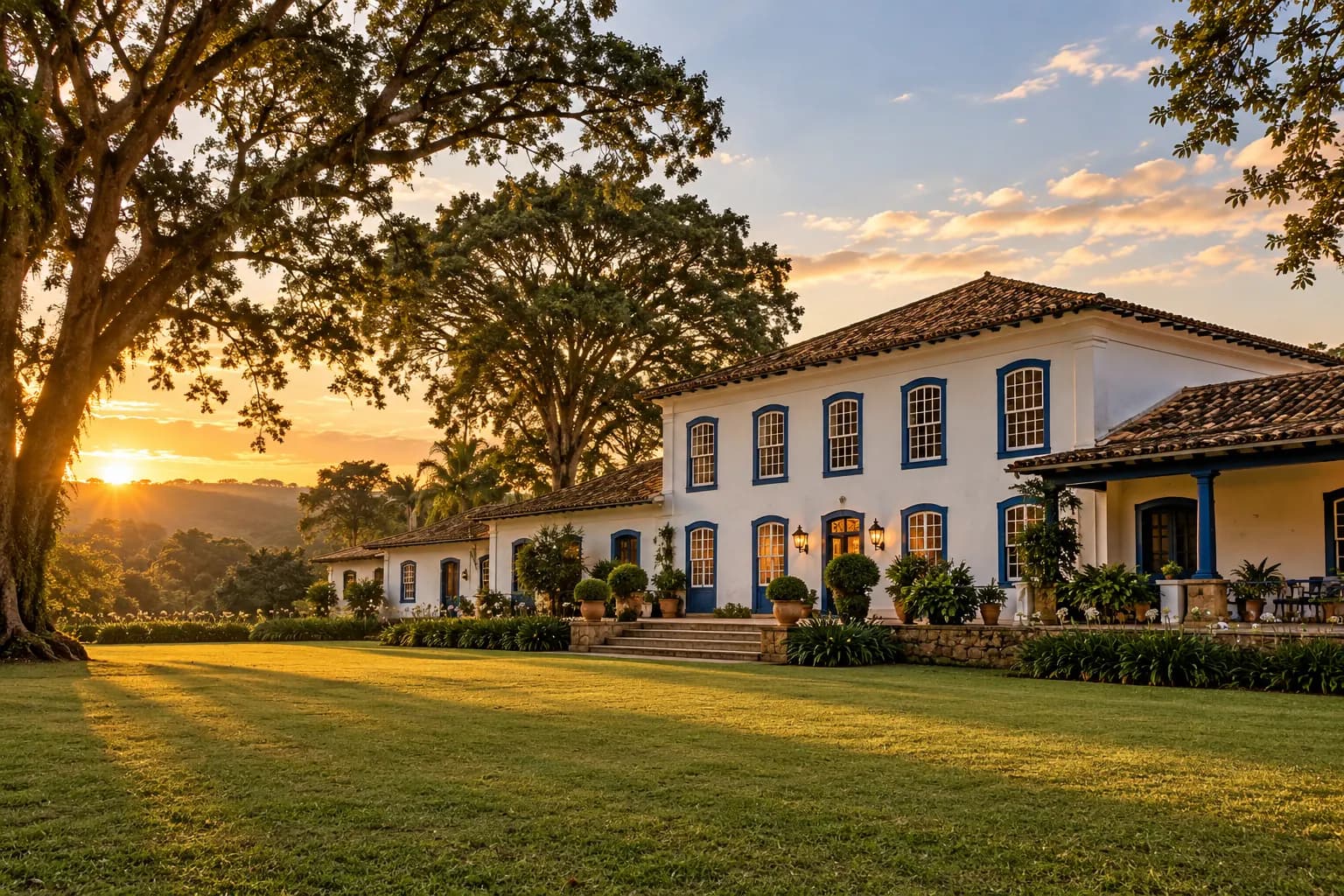 Casarão de fazenda com gramado ao entardecer