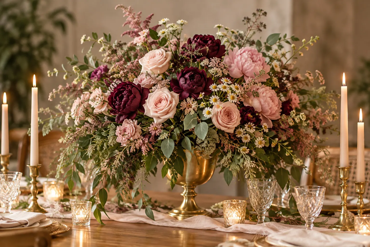 Arranjo de rosas e velas sobre a mesa dos noivos