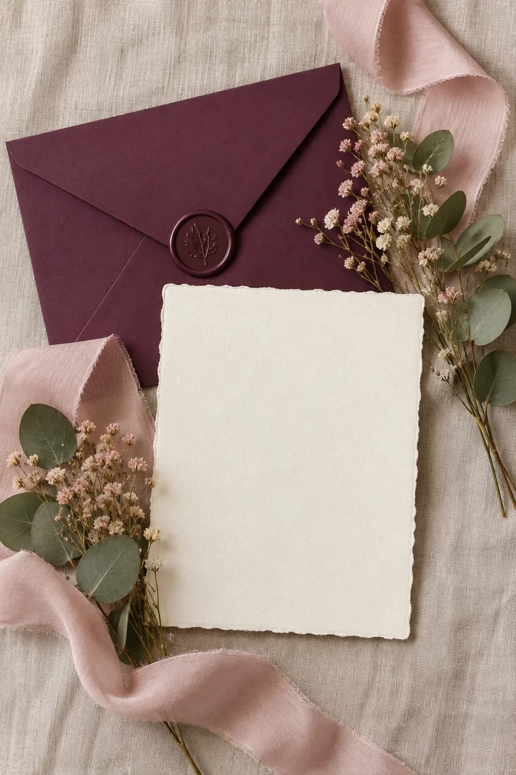 Convite em papel algodão com envelope ameixa e selo de cera