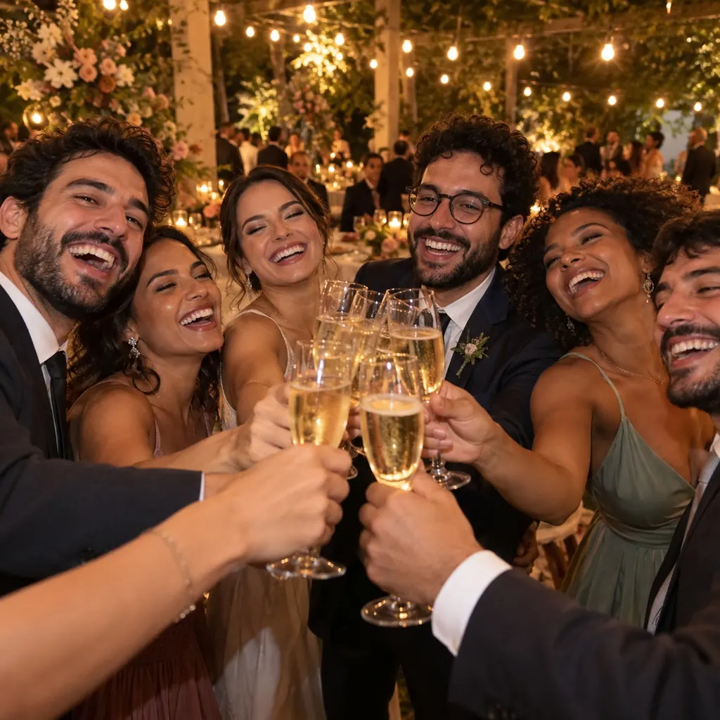 Convidados brindando com taças de espumante na festa